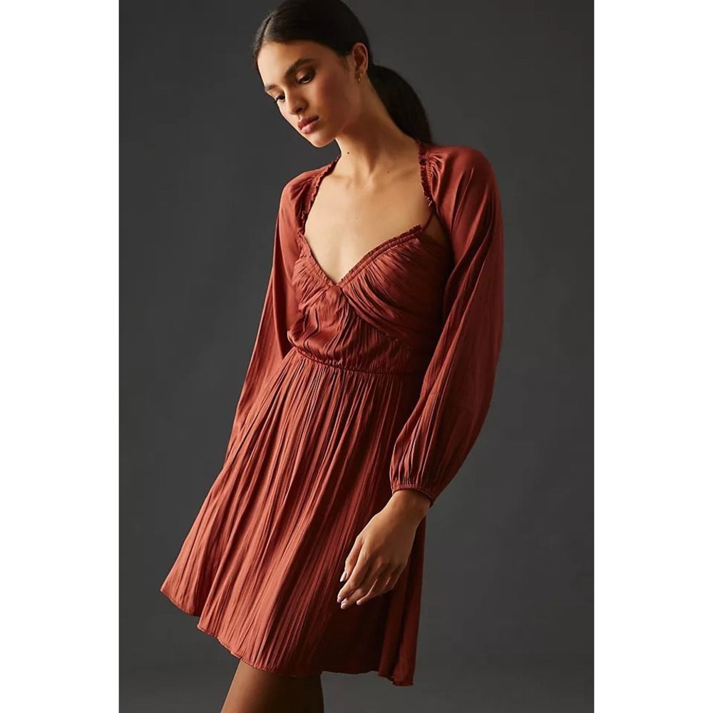 Anthropologie Shirred Cutout Mini Dress Women XS Plisse Boho Party Romantic Chic